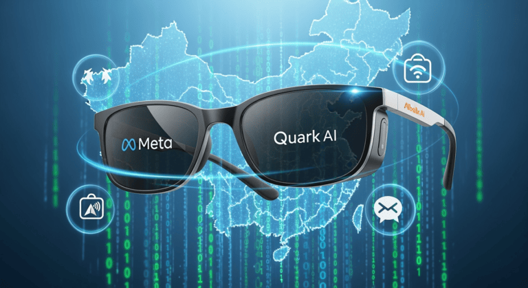 A sleek, futuristic pair of smart glasses floats against a backdrop of binary code and a digital map of China. On one lens, the Meta logo flickers; on the other, Alibaba's "Quark AI" logo shines. In the background, holographic icons for translation, navigation, payments, and messaging swirl around the glasses, symbolizing their multifunctional features.