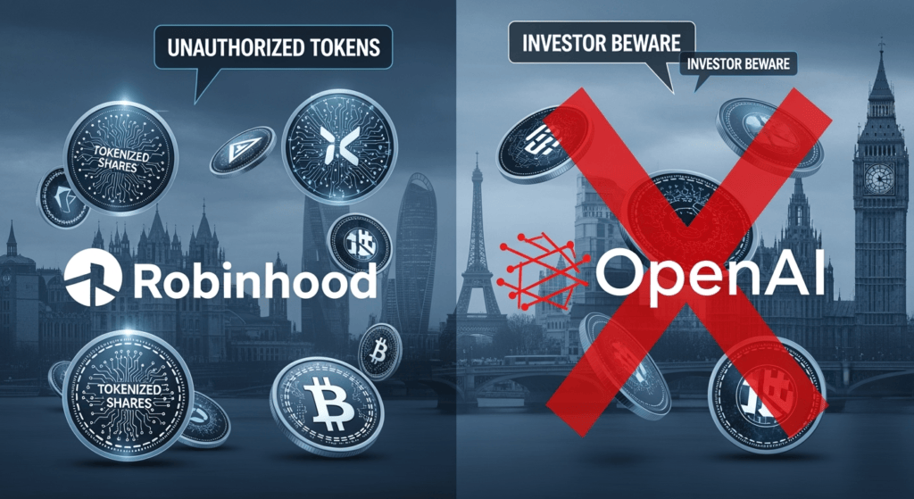 A dramatic split-screen illustration: on one side, the Robinhood logo surrounded by digital coins representing 'tokenized shares'; on the other, OpenAI’s logo with a big red ‘X’ over digital tokens. A European skyline is faintly visible in the background, symbolizing the launch’s EU focus. Headlines like 'Unauthorized Tokens' and 'Investor Beware' float in the air, adding to the tension of the scene.