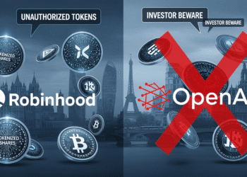 A dramatic split-screen illustration: on one side, the Robinhood logo surrounded by digital coins representing 'tokenized shares'; on the other, OpenAI’s logo with a big red ‘X’ over digital tokens. A European skyline is faintly visible in the background, symbolizing the launch’s EU focus. Headlines like 'Unauthorized Tokens' and 'Investor Beware' float in the air, adding to the tension of the scene.