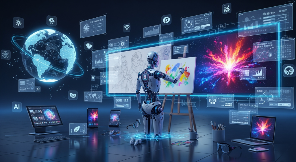 A futuristic digital artwork showing a robot artist painting an image progressively from left to right, surrounded by holographic user interfaces in multiple languages. The scene includes a globe to emphasize global accessibility, various devices displaying dynamic resolution images, and icons representing different AI companies competing in the space.