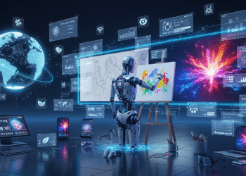 A futuristic digital artwork showing a robot artist painting an image progressively from left to right, surrounded by holographic user interfaces in multiple languages. The scene includes a globe to emphasize global accessibility, various devices displaying dynamic resolution images, and icons representing different AI companies competing in the space.