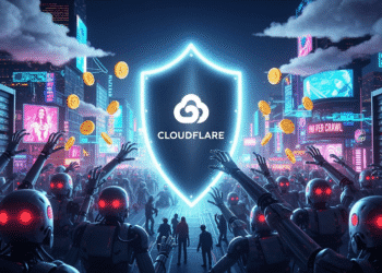 A conceptual illustration showing a digital shield bearing the Cloudflare logo standing between a horde of AI bots and a vibrant, bustling internet cityscape. The bots appear frustrated as coins hover above them, symbolizing the new “pay-per-crawl” model. The background features clouds and server racks, giving it a tech-futuristic vibe.