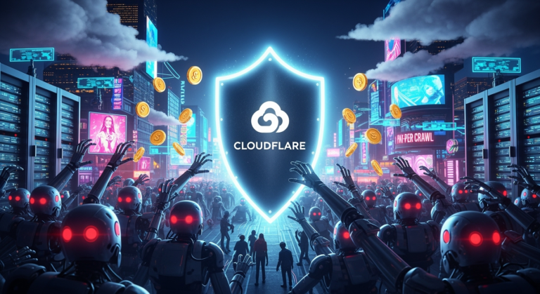 A conceptual illustration showing a digital shield bearing the Cloudflare logo standing between a horde of AI bots and a vibrant, bustling internet cityscape. The bots appear frustrated as coins hover above them, symbolizing the new “pay-per-crawl” model. The background features clouds and server racks, giving it a tech-futuristic vibe.