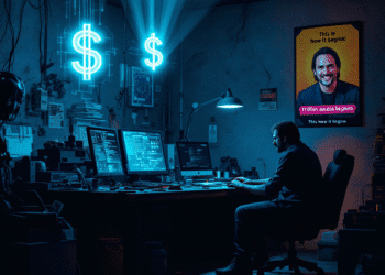 An illustration of a lone figure in a dimly lit basement surrounded by glowing computer screens, AI-generated schematics, and robotics parts. A holographic projection of a trillion-dollar symbol floats above the desk. In the background, a poster of Mark Cuban with a speech bubble that reads, “This is how it begins.”