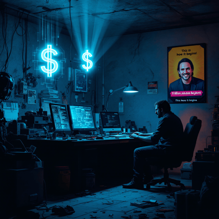 An illustration of a lone figure in a dimly lit basement surrounded by glowing computer screens, AI-generated schematics, and robotics parts. A holographic projection of a trillion-dollar symbol floats above the desk. In the background, a poster of Mark Cuban with a speech bubble that reads, “This is how it begins.”