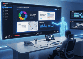 A futuristic workspace with a large digital screen displaying an AI-generated narrated slideshow. A user is seated at a desk with notebooks, while an animated holographic assistant presents slides featuring diagrams, quotes, and charts. Background screens show NotebookLM’s interface with Studio tabs like “Video Overview” and “Mind Map” glowing. A progress bar and playback controls are visible, resembling YouTube’s UI.