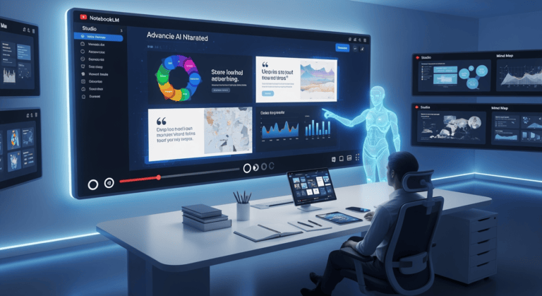 A futuristic workspace with a large digital screen displaying an AI-generated narrated slideshow. A user is seated at a desk with notebooks, while an animated holographic assistant presents slides featuring diagrams, quotes, and charts. Background screens show NotebookLM’s interface with Studio tabs like “Video Overview” and “Mind Map” glowing. A progress bar and playback controls are visible, resembling YouTube’s UI.