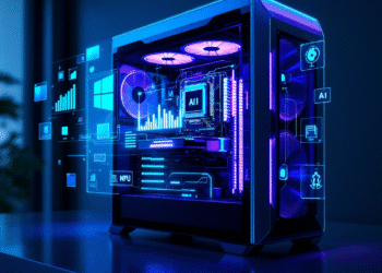 A high-tech desktop PC glowing with vibrant blue LED lighting sits on a sleek modern desk. The side panel reveals a powerful CPU with AI-labeled circuitry and a shimmering NPU chip. In the background, a futuristic digital overlay shows performance graphs, a holographic Windows Copilot assistant, and icons symbolizing AI, speed, and productivity. The scene exudes a sense of cutting-edge innovation and the dawn of a new AI-powered era in desktop computing.
