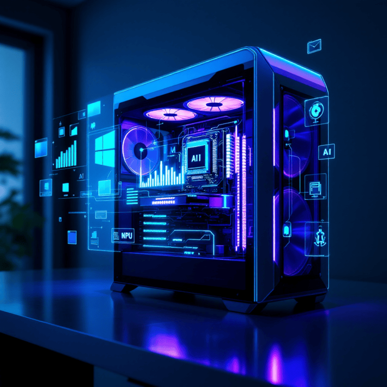 A high-tech desktop PC glowing with vibrant blue LED lighting sits on a sleek modern desk. The side panel reveals a powerful CPU with AI-labeled circuitry and a shimmering NPU chip. In the background, a futuristic digital overlay shows performance graphs, a holographic Windows Copilot assistant, and icons symbolizing AI, speed, and productivity. The scene exudes a sense of cutting-edge innovation and the dawn of a new AI-powered era in desktop computing.