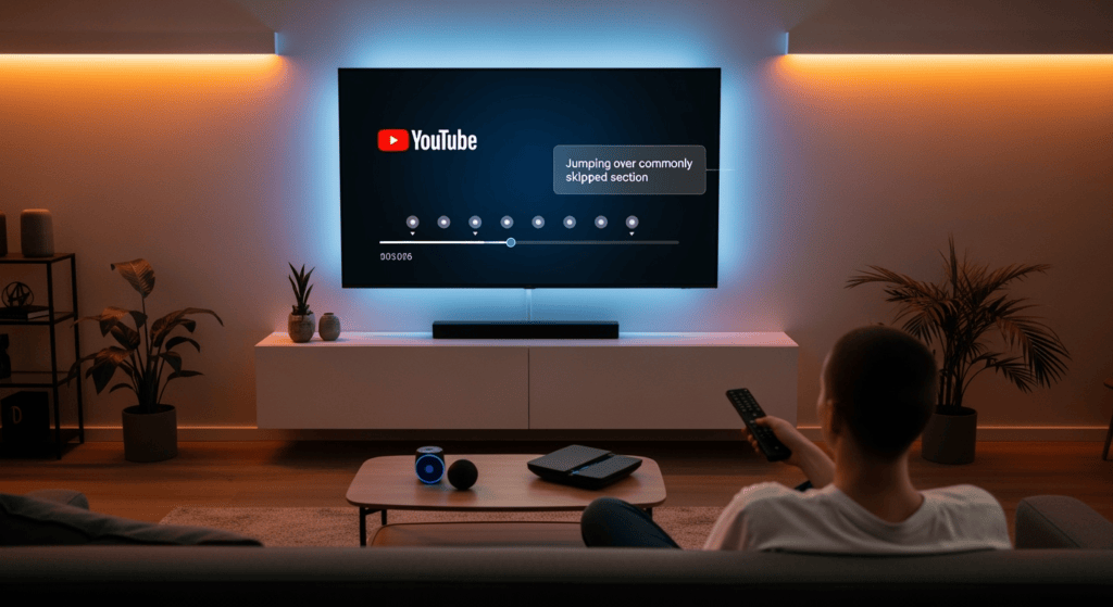 A living room with a sleek smart TV displaying the YouTube app. A user sits on a modern couch holding a TV remote, mid-click. On the screen, subtle dots highlight segments on the progress bar, with a pop-up text reading “Jumping over commonly skipped section.” The background shows ambient lighting, conveying a cozy, tech-savvy atmosphere.