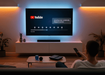 A living room with a sleek smart TV displaying the YouTube app. A user sits on a modern couch holding a TV remote, mid-click. On the screen, subtle dots highlight segments on the progress bar, with a pop-up text reading “Jumping over commonly skipped section.” The background shows ambient lighting, conveying a cozy, tech-savvy atmosphere.