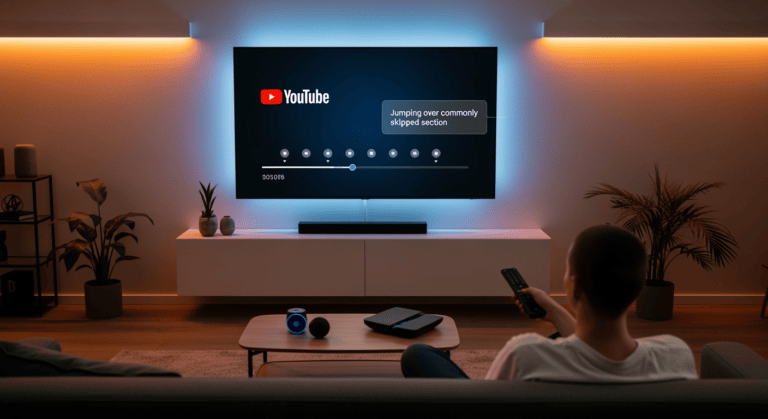 A living room with a sleek smart TV displaying the YouTube app. A user sits on a modern couch holding a TV remote, mid-click. On the screen, subtle dots highlight segments on the progress bar, with a pop-up text reading “Jumping over commonly skipped section.” The background shows ambient lighting, conveying a cozy, tech-savvy atmosphere.