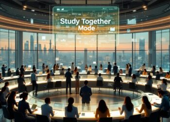A sleek, futuristic digital classroom scene with diverse students and professionals gathered around holographic AI interfaces. A central display shows "Study Together Mode" in glowing text, while AI avatars facilitate interactive group learning. In the background, headlines and graphs float—representing AI’s impact on education and news consumption.