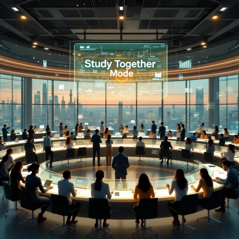 A sleek, futuristic digital classroom scene with diverse students and professionals gathered around holographic AI interfaces. A central display shows "Study Together Mode" in glowing text, while AI avatars facilitate interactive group learning. In the background, headlines and graphs float—representing AI’s impact on education and news consumption.