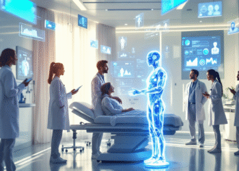 A futuristic hospital scene where an AI hologram assists a doctor in diagnosing a patient. Digital interfaces display patient data and diagnostic charts floating in mid-air. The setting is bright and high-tech, with a sense of optimism. Doctors and nurses observe the AI system with interest, blending human care with cutting-edge technology.