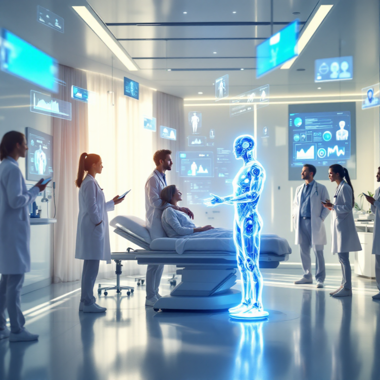 A futuristic hospital scene where an AI hologram assists a doctor in diagnosing a patient. Digital interfaces display patient data and diagnostic charts floating in mid-air. The setting is bright and high-tech, with a sense of optimism. Doctors and nurses observe the AI system with interest, blending human care with cutting-edge technology.