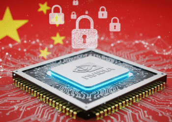 A conceptual illustration of a high-tech GPU microchip with the Nvidia logo, set against a backdrop of a Chinese flag with digital network patterns and security lock icons, symbolizing cybersecurity concerns and geopolitical tension