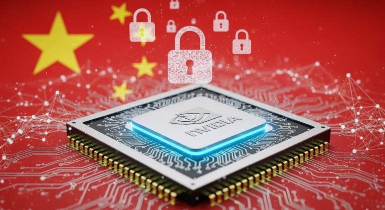 A conceptual illustration of a high-tech GPU microchip with the Nvidia logo, set against a backdrop of a Chinese flag with digital network patterns and security lock icons, symbolizing cybersecurity concerns and geopolitical tension