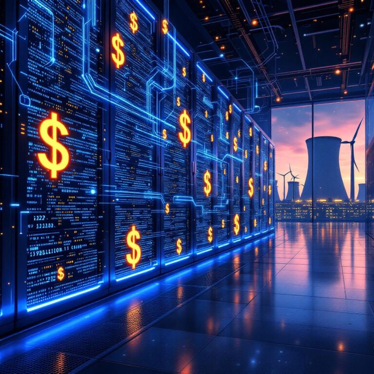 An illustration of Meta’s futuristic AI data center with towering server racks glowing blue, surrounded by streams of digital code, superimposed with dollar signs to symbolize the $29 billion funding. In the background, silhouettes of wind turbines and a nuclear plant represent clean energy partnerships. The overall tone is sleek and high-tech, reflecting the arms race in AI infrastructure