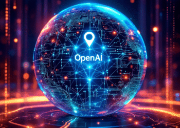 A futuristic digital interface glows across a globe, highlighting OpenAI’s logo alongside a neural network pattern. Microsoft’s cloud looms in the background while rival logos like Hugging Face and DeepSeek peek from the digital periphery. Binary code streams gently in the air like rain, symbolizing open-source data flowing freely.