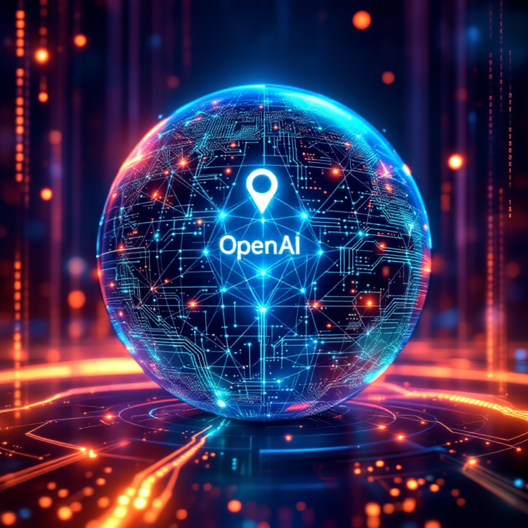 A futuristic digital interface glows across a globe, highlighting OpenAI’s logo alongside a neural network pattern. Microsoft’s cloud looms in the background while rival logos like Hugging Face and DeepSeek peek from the digital periphery. Binary code streams gently in the air like rain, symbolizing open-source data flowing freely.