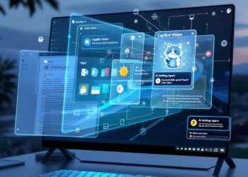 A sleek, futuristic Windows 11 desktop showing Microsoft Copilot Vision in action. The screen is split between apps like Microsoft Word, Photos, and Paint, with a glowing Copilot overlay analyzing content. In the corner, the AI Settings Agent responds to natural language commands while a user types “enable quiet hours.” Bright light highlights new AI icons like the Sticker Generator, Relight tool, and Color Picker.