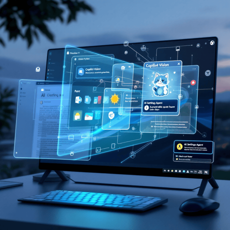 A sleek, futuristic Windows 11 desktop showing Microsoft Copilot Vision in action. The screen is split between apps like Microsoft Word, Photos, and Paint, with a glowing Copilot overlay analyzing content. In the corner, the AI Settings Agent responds to natural language commands while a user types “enable quiet hours.” Bright light highlights new AI icons like the Sticker Generator, Relight tool, and Color Picker.