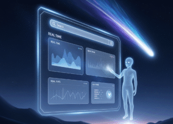 A sleek, futuristic digital interface representing an AI web browser called "Comet," with a glowing search bar, real-time data summaries, and an AI assistant hovering beside web content. The background shows a cosmic theme with a comet streaking across a dark blue sky, symbolizing innovation and speed in AI-driven web browsing.