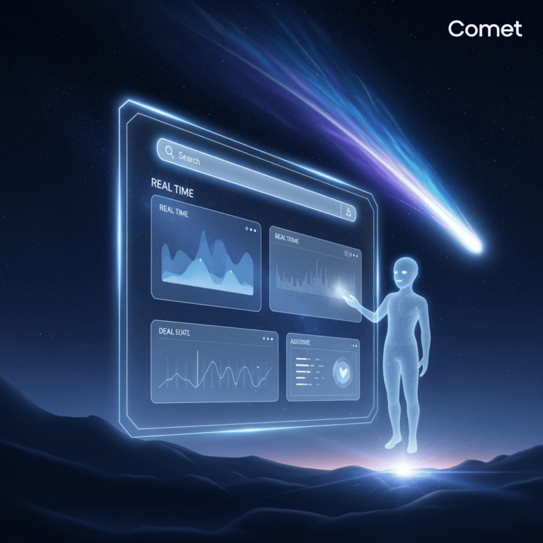 A sleek, futuristic digital interface representing an AI web browser called "Comet," with a glowing search bar, real-time data summaries, and an AI assistant hovering beside web content. The background shows a cosmic theme with a comet streaking across a dark blue sky, symbolizing innovation and speed in AI-driven web browsing.