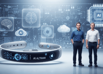 "A futuristic concept image of a sleek, minimalist wearable AI device inspired by Apple’s design language. Sam Altman and Jony Ive stand together in front of a blueprint-style background, symbolizing their collaboration. Floating icons of AI, data clouds, and hardware schematics surround them to represent innovation, partnership, and the next generation of AI hardware."