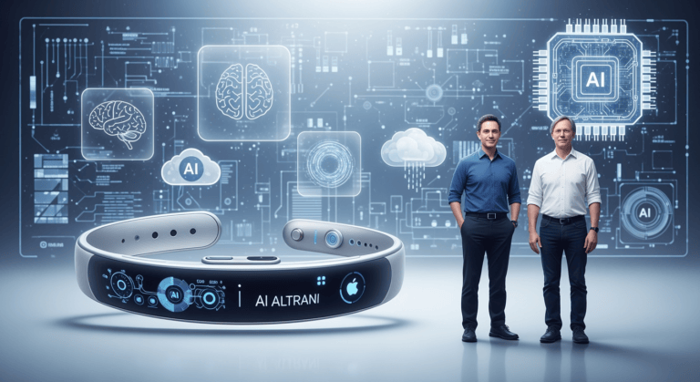 "A futuristic concept image of a sleek, minimalist wearable AI device inspired by Apple’s design language. Sam Altman and Jony Ive stand together in front of a blueprint-style background, symbolizing their collaboration. Floating icons of AI, data clouds, and hardware schematics surround them to represent innovation, partnership, and the next generation of AI hardware."