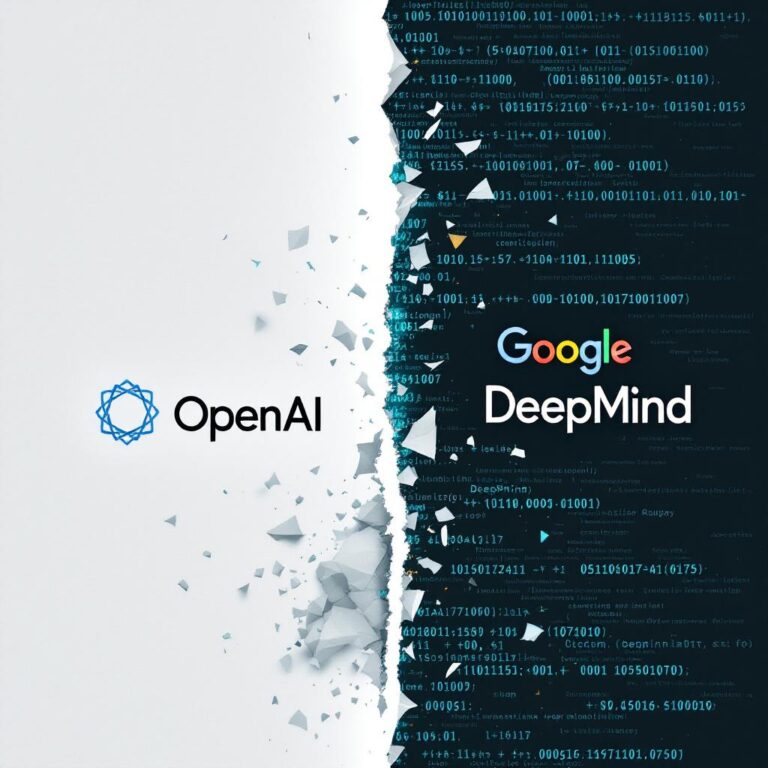A conceptual image showing: A split screen with OpenAI’s logo on one side and Google DeepMind’s on the other. In the middle, a broken contract symbolizing the failed $3B acquisition. Above it, the Windsurf logo being pulled toward Google. Background filled with AI coding symbols and digital code streams to emphasize the tech focus.