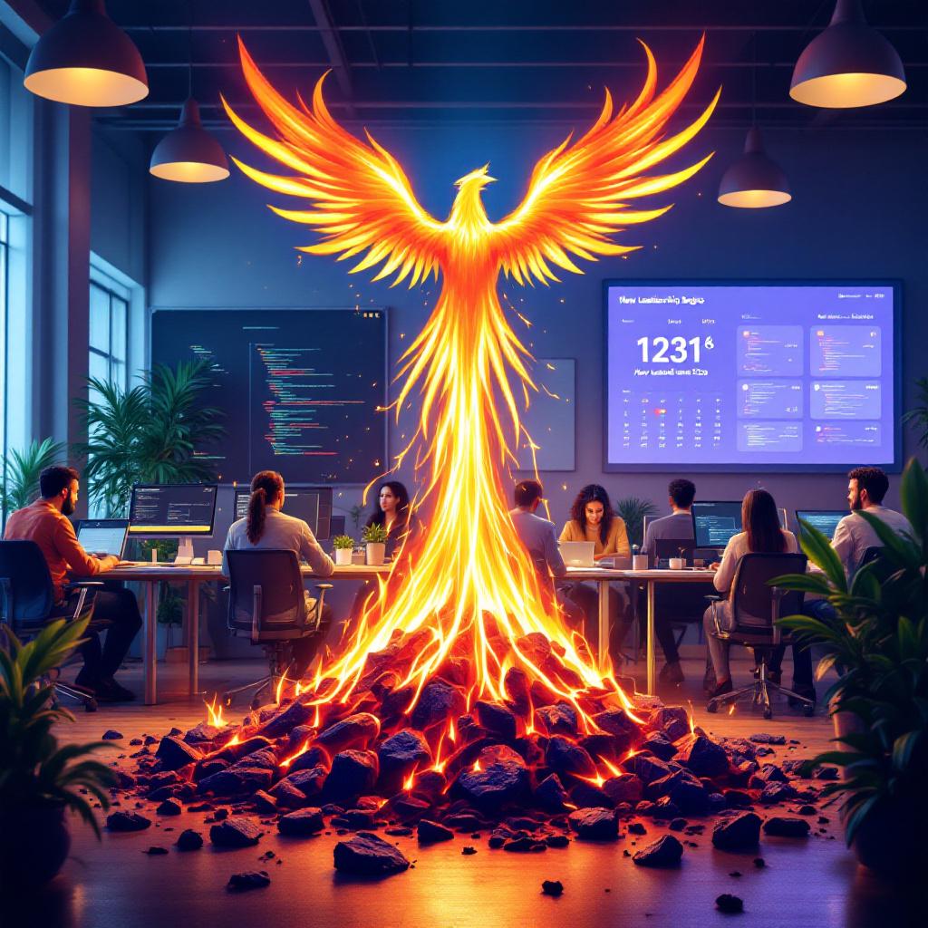 A phoenix-like representation of the Windsurf logo rising from the ashes of a CEO-shaped outline. Behind it, a busy tech office scene shows a diverse team of developers and engineers still hard at work, screens glowing with code. A calendar on the wall shows "New Leadership Begins" while a nameplate on a desk reads “Jeff Wang – Interim CEO.”