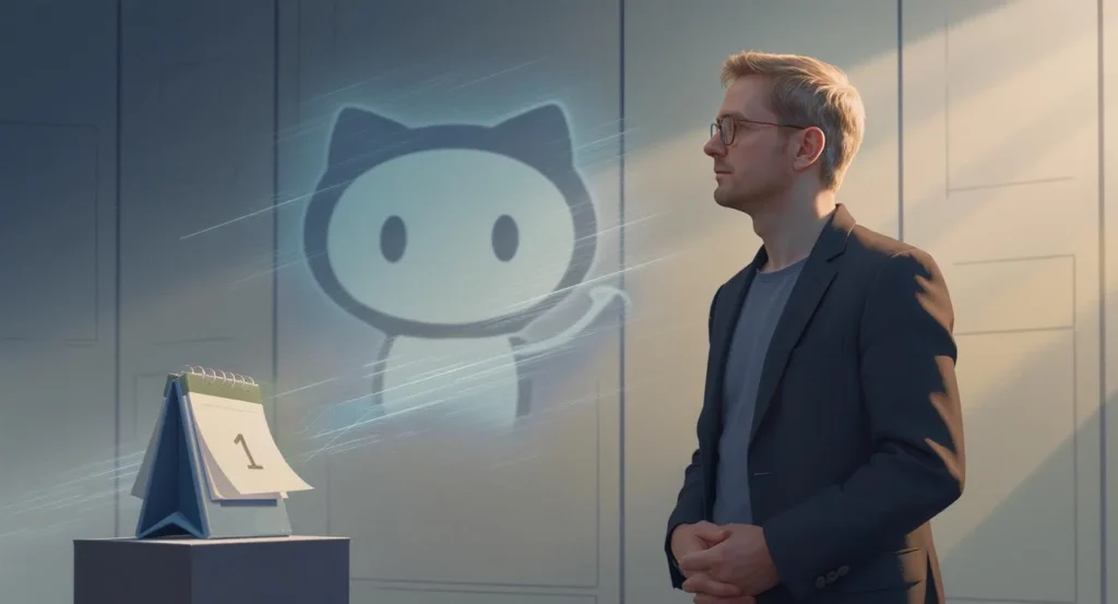 An editorial-style illustration of Thomas Dohmke in a reflective pose, standing in front of the GitHub Octocat logo fading into the background. Subtle digital effects suggest the passage of time, with a calendar flipping pages toward 2025. The scene has a mix of nostalgia and anticipation, symbolizing the close of a leadership chapter.
