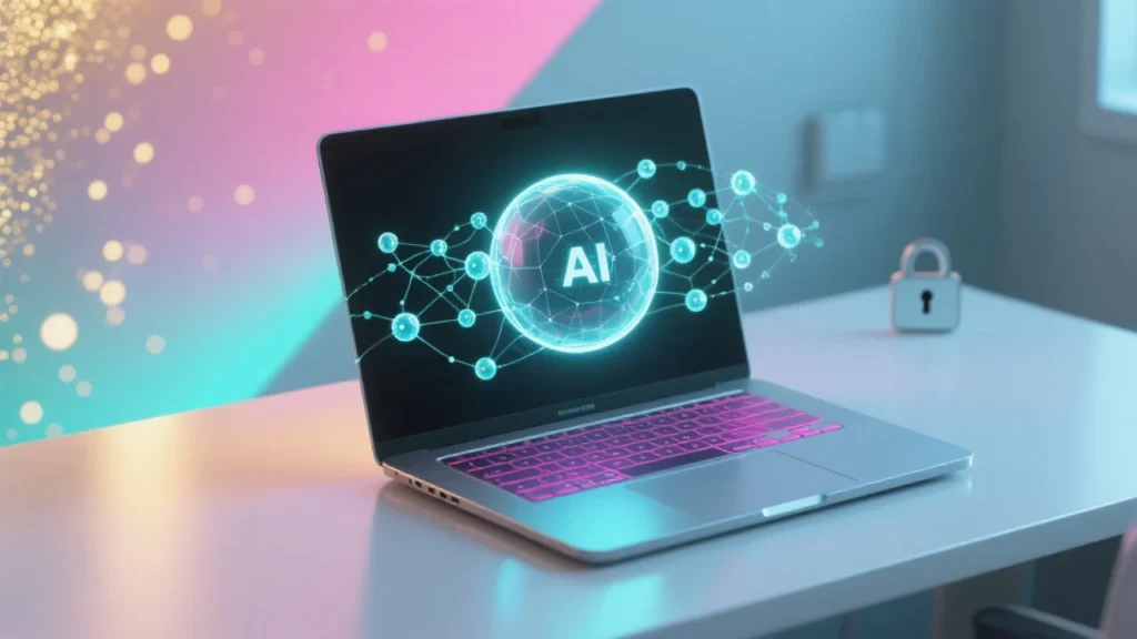 An abstract futuristic scene showing a glowing AI interface hovering above a laptop screen. The interface projects connected memory nodes, symbolizing the idea of conversations being remembered. The backdrop hints at both opportunity and caution, with a split design: one side bright and colorful, the other side shaded with a subtle padlock graphic to represent privacy concerns.