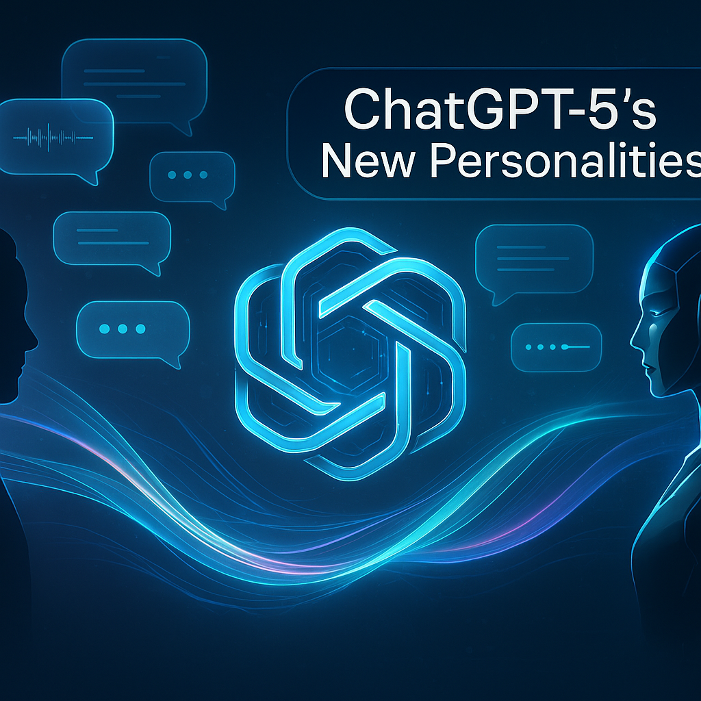 A dynamic banner image showing ChatGPT-5’s logo glowing in futuristic blue and silver, surrounded by holographic text bubbles representing conversation. In the background, abstract waves of light flow between a human silhouette and a sleek AI avatar, symbolizing seamless human-AI interaction. A headline overlay reads “ChatGPT-5’s New Personalities” in modern tech typography