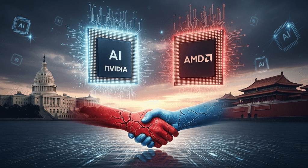 An image showing two giant semiconductor chips, one labeled “Nvidia” and the other “AMD,” hovering between the U.S. Capitol and Beijing’s Forbidden City. The chips glow with AI circuit patterns while a red and blue handshake stretches across the Pacific Ocean, symbolizing a fragile trade agreement. The atmosphere is tense yet monumental, highlighting the start of a historic tech deal.