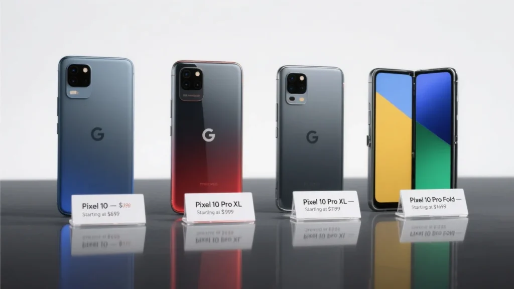 A clean product lineup photo of the Pixel 10, Pixel 10 Pro, Pixel 10 Pro XL, and Pixel 10 Pro Fold arranged on a reflective surface. Small text cards in front of each device display their starting prices. The image conveys accessibility, choice, and Google’s ambition to redefine the premium smartphone market.