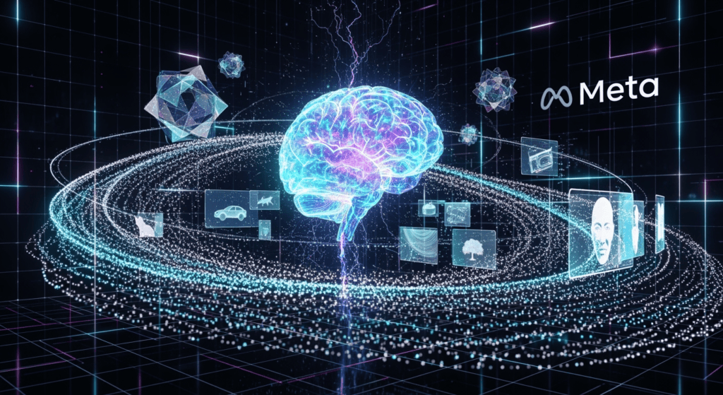 A futuristic AI visualization showing a digital brain analyzing images. The brain is surrounded by glowing data streams, images of objects, and abstract shapes, symbolizing self-supervised learning. The background features Meta’s logo subtly integrated into a tech-inspired grid.