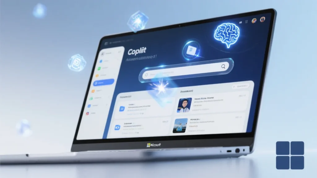 A sleek Windows 11 laptop screen displaying the Copilot app with a modern AI-powered search bar. The interface shows recent files and semantic search results, while glowing AI icons suggest smart, futuristic assistance. The background subtly features Microsoft branding with a gradient of blue and white, symbolizing innovation and simplicity."