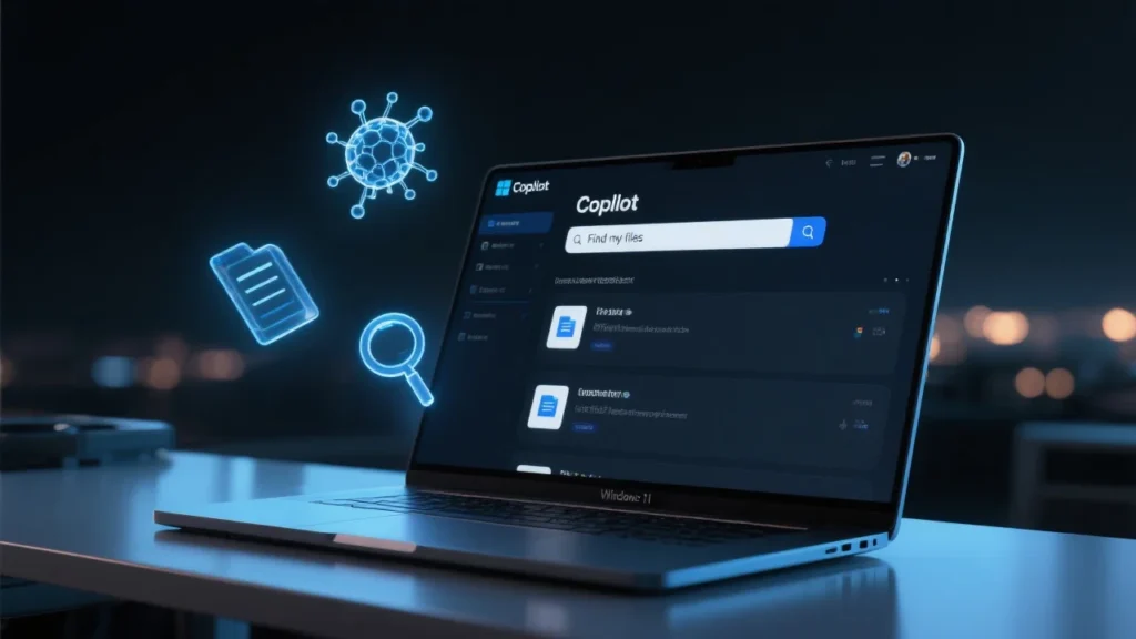 A user drags a photo into the Copilot app on Windows 11. The AI assistant interface shows automatic insights: an image of a sunset bridge labeled with tags like ‘bridge,’ ‘sunset,’ and ‘travel.’ Next to it, a Word document preview displays a highlighted summary. The scene emphasizes multi-modal AI interaction with vibrant graphics linking images and documents in one unified workspace.