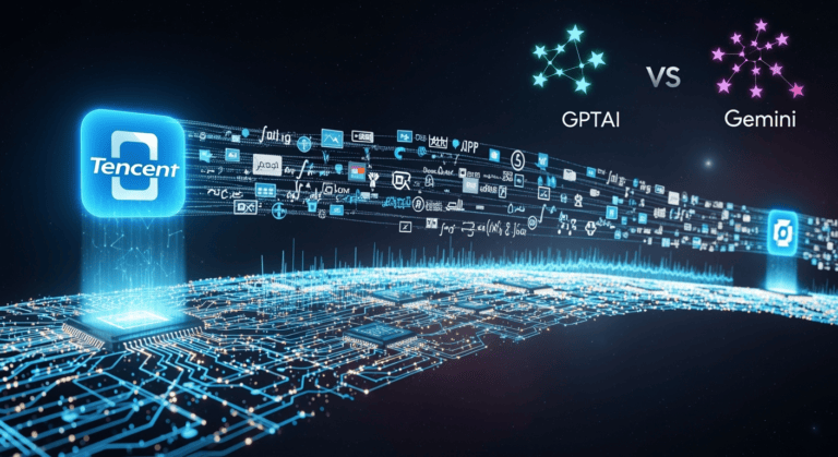 A futuristic digital illustration showing a massive neural network visualized as an interconnected web of glowing circuits. On one side, the Tencent logo radiates in bright blue, while global AI competitors like OpenAI’s GPT and Google’s Gemini appear as rival constellations in the sky. The scene represents global AI competition, with data streams flowing between images, languages, and mathematical symbols to symbolize multimodal capabilities.