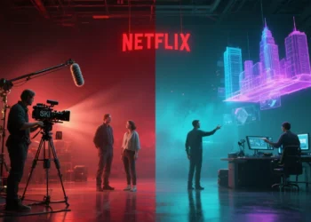 A cinematic-style digital illustration of a Netflix production set where traditional film crews and AI-powered holographic tools work side by side. On one side, cameras, actors, and lighting rigs operate normally; on the other, glowing AI-generated visuals and holograms depict futuristic cityscapes. A bold red Netflix logo looms above, symbolizing leadership in AI ethics and innovation. The mood blends futuristic optimism with cautionary undertones.