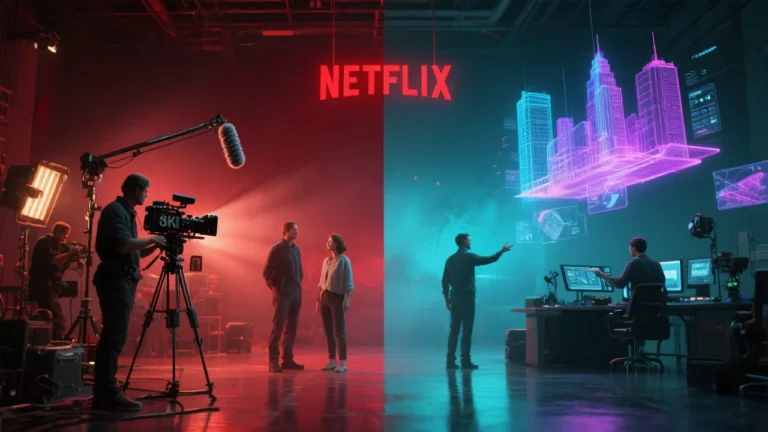 A cinematic-style digital illustration of a Netflix production set where traditional film crews and AI-powered holographic tools work side by side. On one side, cameras, actors, and lighting rigs operate normally; on the other, glowing AI-generated visuals and holograms depict futuristic cityscapes. A bold red Netflix logo looms above, symbolizing leadership in AI ethics and innovation. The mood blends futuristic optimism with cautionary undertones.