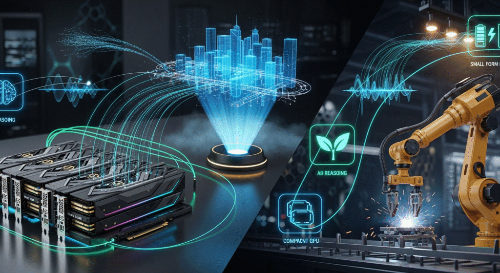 A high-tech, futuristic collage showing Nvidia’s Blackwell GPUs, an autonomous robot arm in a manufacturing plant, a digital twin city model glowing in holographic blue, and AI-generated visual overlays of physics simulations. Floating icons represent AI reasoning, energy efficiency, and compact GPU form factors, all connected by luminous circuit-like lines.