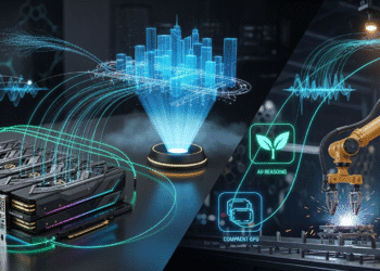 A high-tech, futuristic collage showing Nvidia’s Blackwell GPUs, an autonomous robot arm in a manufacturing plant, a digital twin city model glowing in holographic blue, and AI-generated visual overlays of physics simulations. Floating icons represent AI reasoning, energy efficiency, and compact GPU form factors, all connected by luminous circuit-like lines.