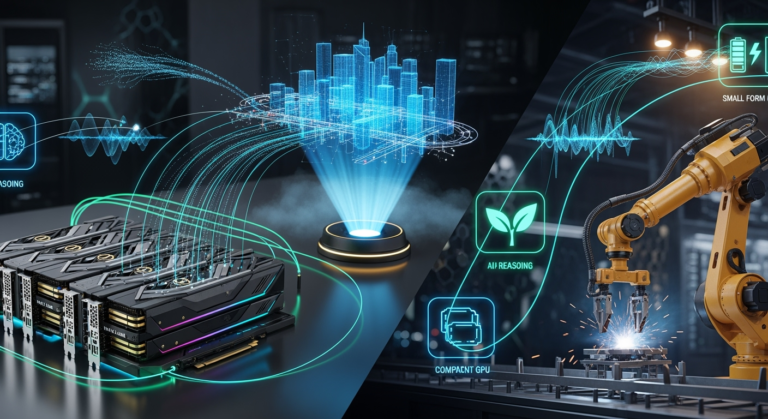A high-tech, futuristic collage showing Nvidia’s Blackwell GPUs, an autonomous robot arm in a manufacturing plant, a digital twin city model glowing in holographic blue, and AI-generated visual overlays of physics simulations. Floating icons represent AI reasoning, energy efficiency, and compact GPU form factors, all connected by luminous circuit-like lines.
