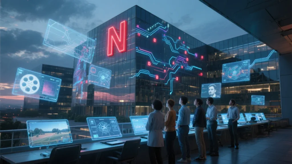 A dramatic wide shot of a Netflix headquarters building with a glowing red ‘N’ logo, overlayed by holographic AI circuit patterns. In the foreground, a creative team looks at futuristic screens showing film reels blended with AI-generated visuals, symbolizing the merging of technology and storytelling.