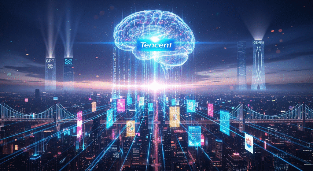 A dynamic futuristic skyline where a colossal glowing AI brain hovers above, connecting streams of binary code, text, and images into one unified network. The Tencent logo shines at the core, symbolizing China’s breakthrough. In the background, Western AI giants like GPT and Gemini appear as glowing towers, showing Tencent rising to join the global stage.