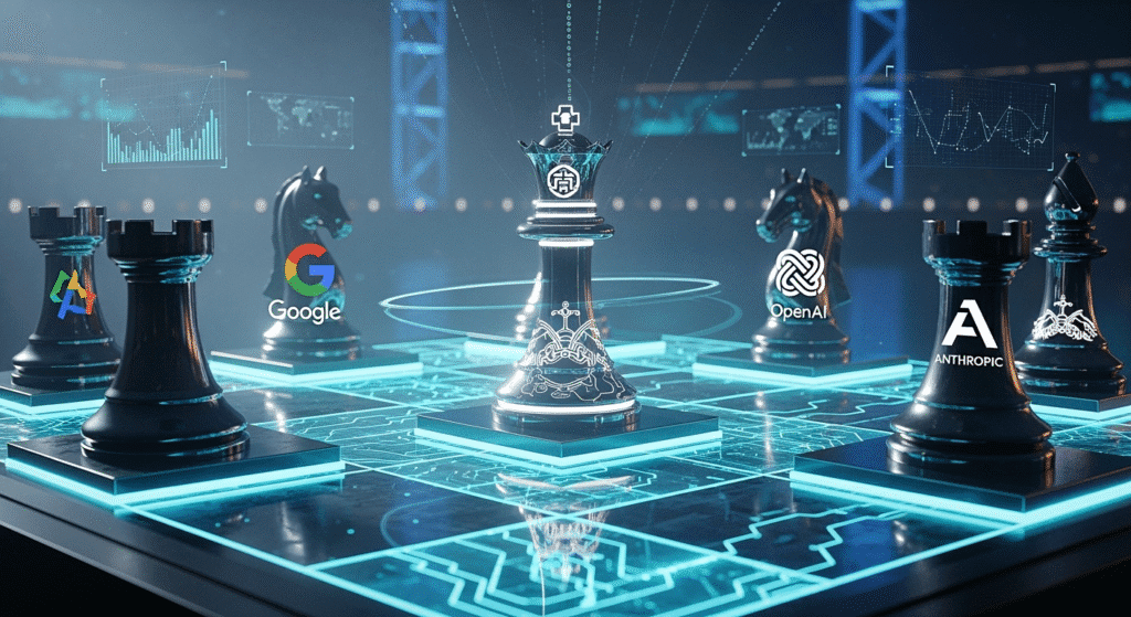 A digital battlefield of AI “chess pieces” on a glowing board, with Tencent’s Hunyuan model represented as a powerful new queen piece moving strategically. Opposing pieces carry the emblems of Google, OpenAI, and Anthropic. The glowing grid beneath suggests a high-stakes market competition in the AI industry.